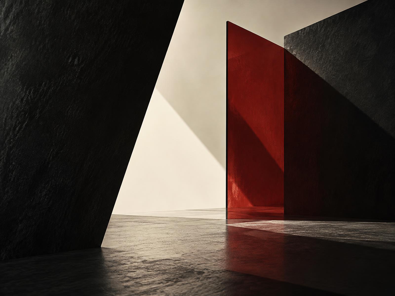 Composição arquitetônica abstrata em preto, off-white e vermelho